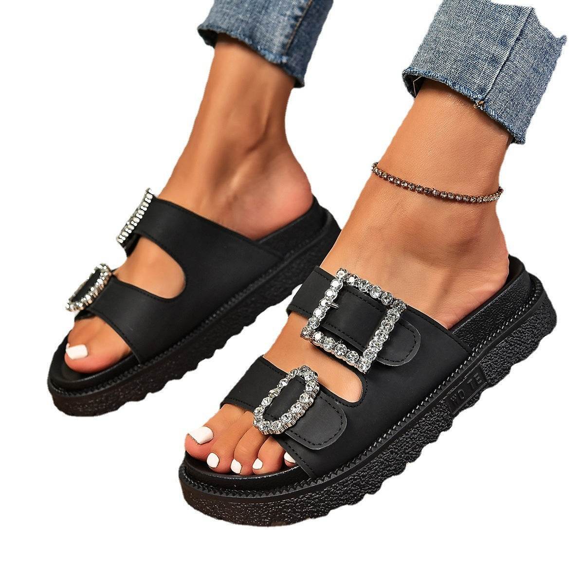 Fashion Rhinestone Belt Buckle Platform Sandals - Stylish Women’s Slippers - Buy Center