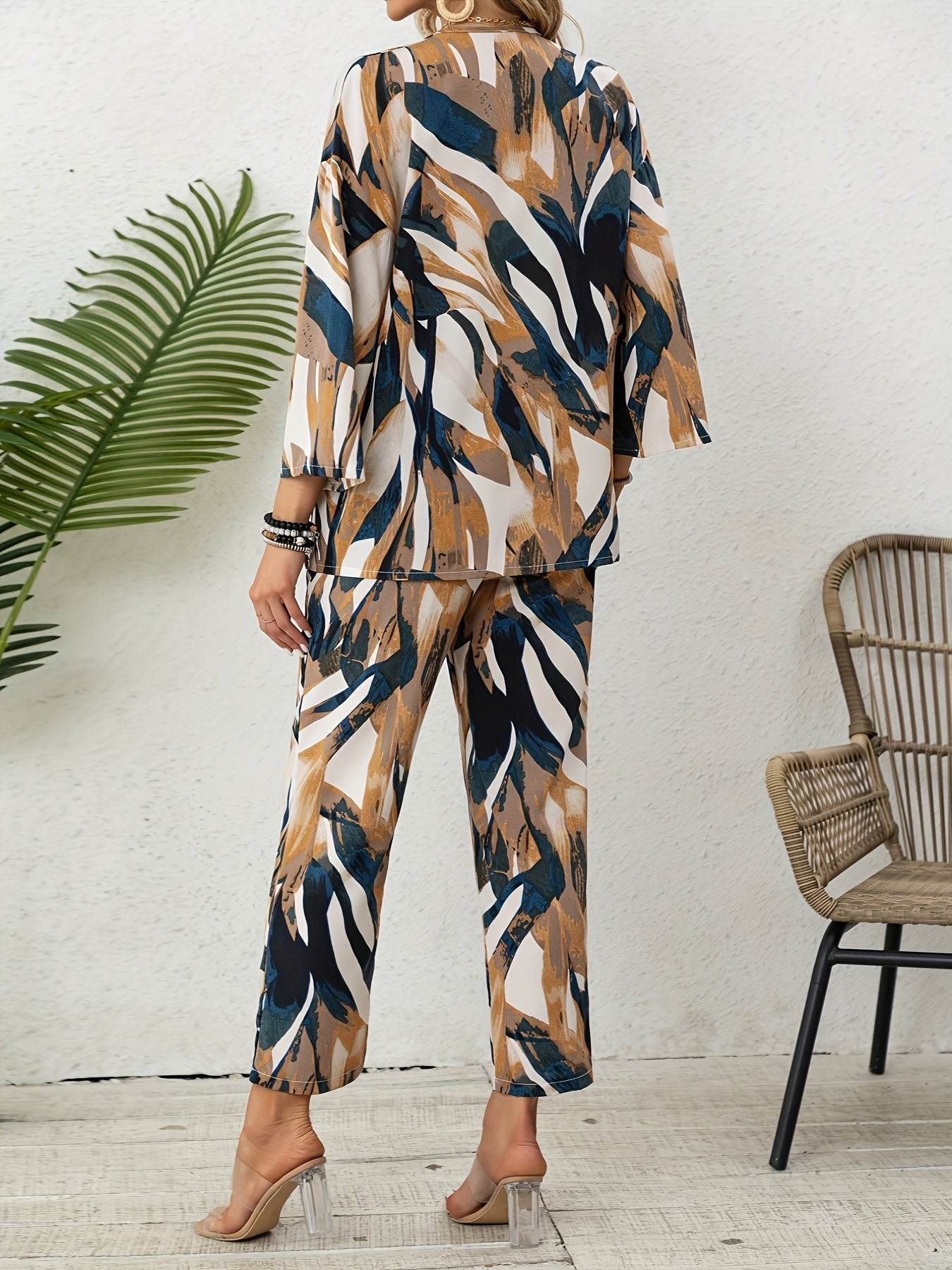 Elegant Leaf Print Two-Piece Set - Chic Blazer & Matching Pants - Buy Center