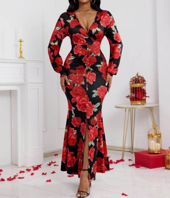 Ladies' V-neck Floral Dress - Trendy Hip Hugging Fit for Summer Style - Buy Center