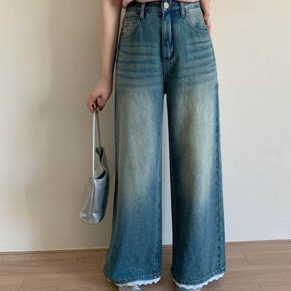 Buycenter Casual High Waist Straight Jeans - Vintage Blue Wide Leg Style - Buy Center