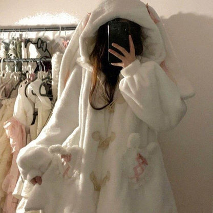 Cute Cashmere Hoodie Coat with Rabbit Ears - White, Stylish & Cozy - Buy Center