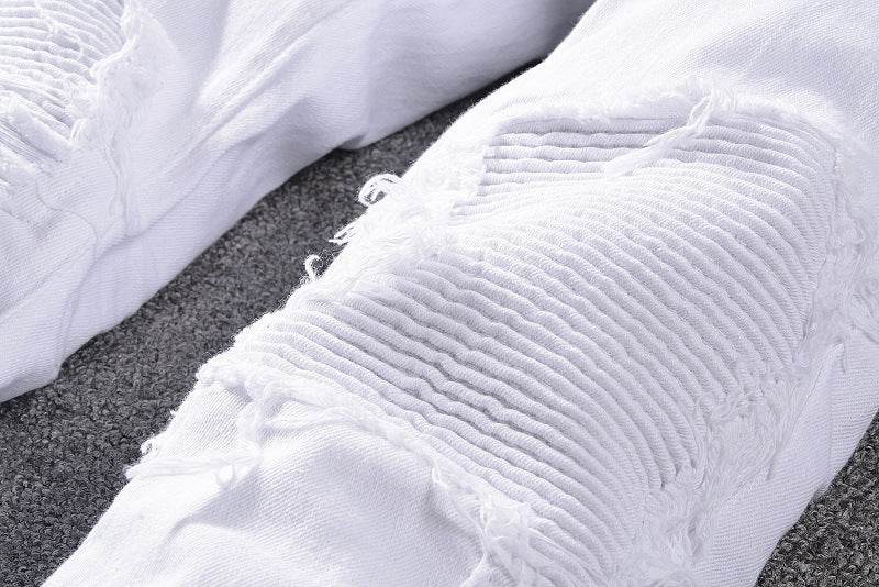 High Street Slim Men's Jeans - Tear Patch Design, Straight Fit, White - Buy Center