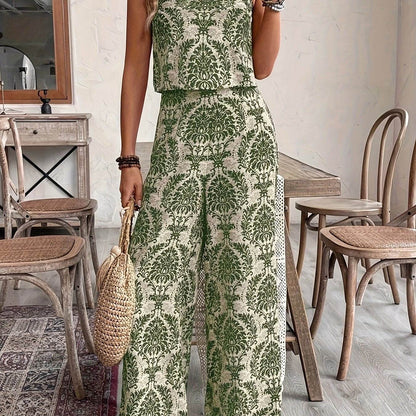 Women's Vacation Outfit - Off-Shoulder Tank Top & Wide-Leg Pants - Buy Center