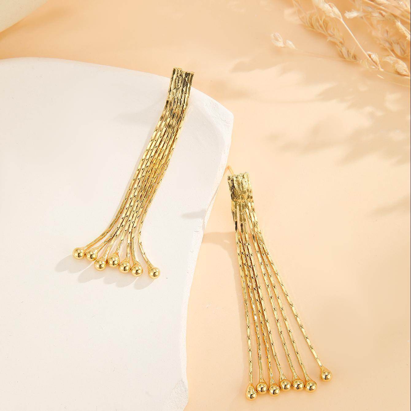 Elegant Gold Bead Tassel Earrings - Modern Design for Any Occasion - Buy Center