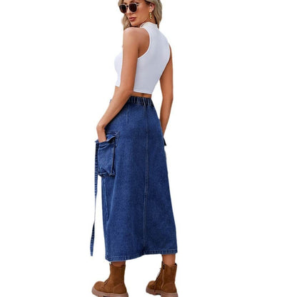 Washed Elastic Waist Ribbon Skirt - Chic Mid-Length Denim in Light & Dark Blue - Buy Center