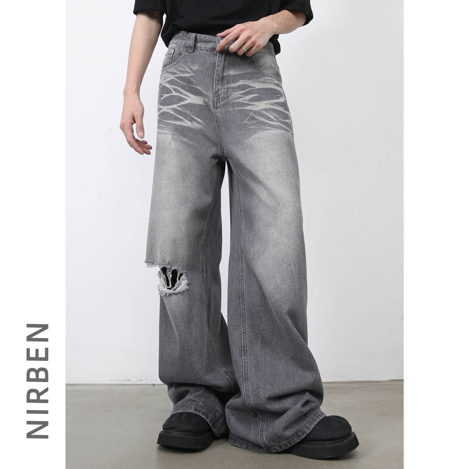 Buycenter Men's American Retro Ripped Loose Jeans - Straight Leg Design - Buy Center