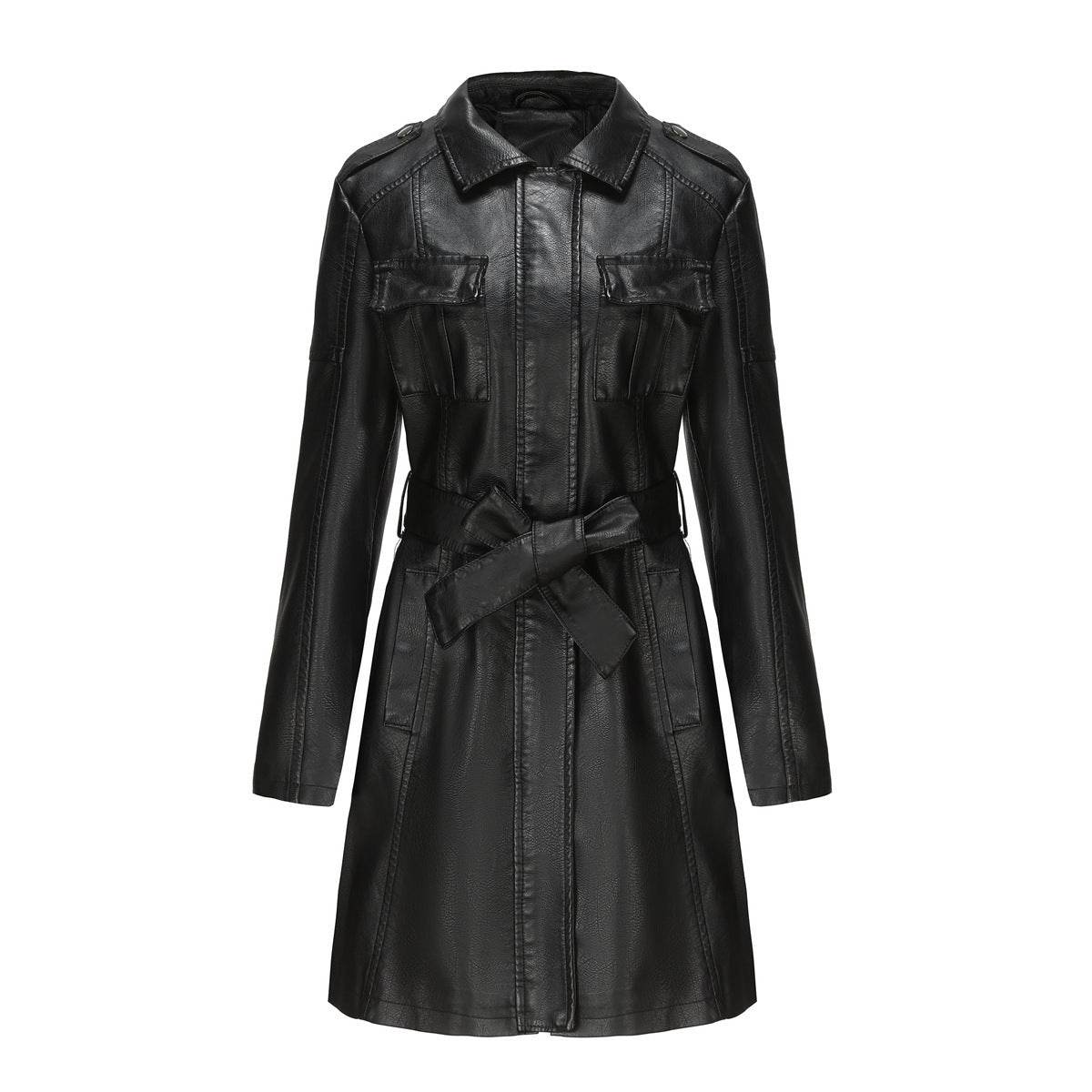Women's Stylish Mid-Length Leather Coat with Belt - British Design 2025 - Buy Center