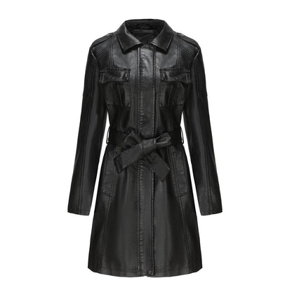 Women's Stylish Mid-Length Leather Coat with Belt - British Design 2025 - Buy Center