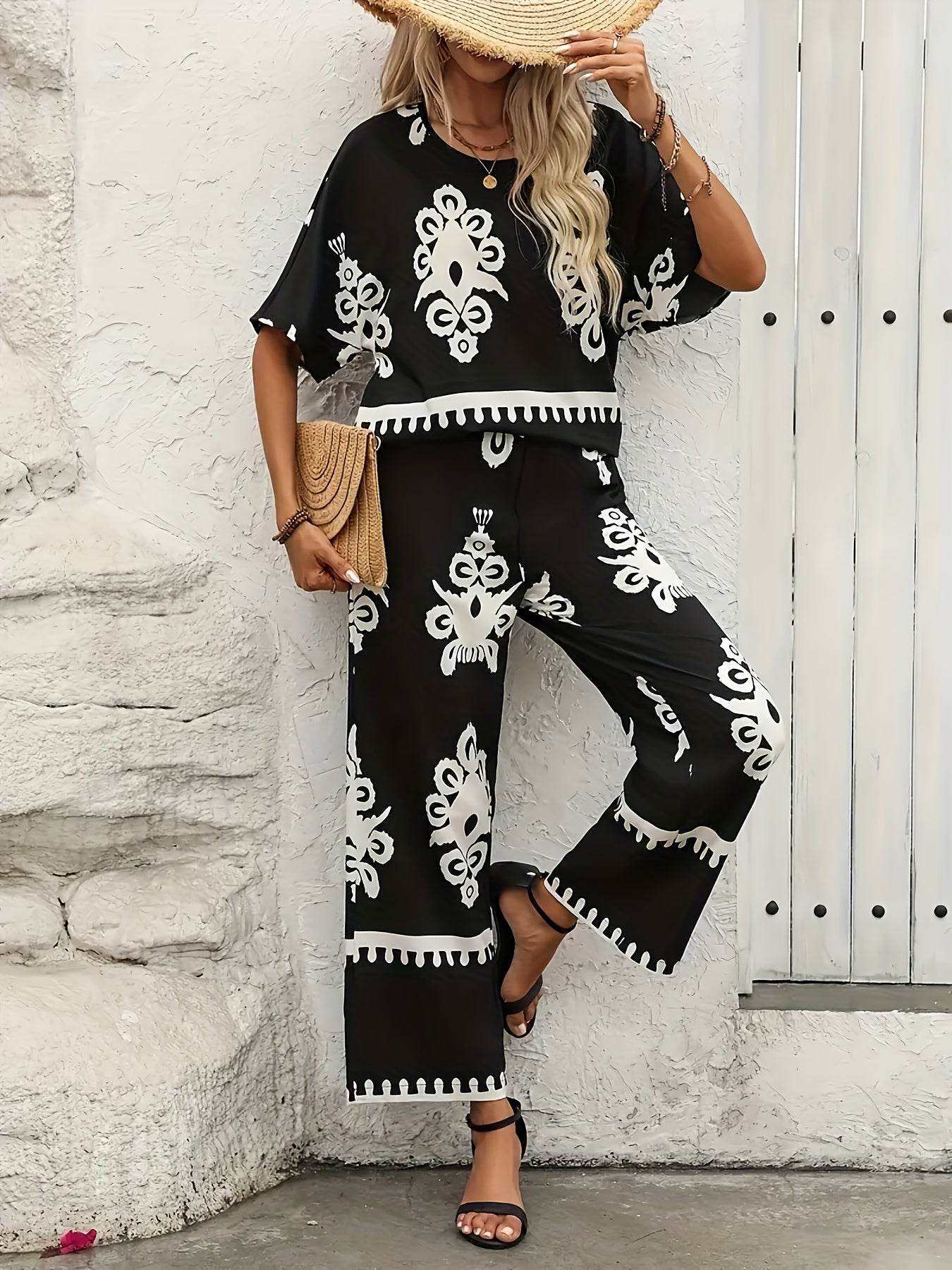 Elegant Geometric Pattern Wide Leg Outfit Set - Polyester, Autumn Fog - Buy Center