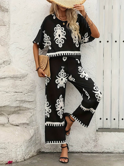 Elegant Geometric Pattern Wide Leg Outfit Set - Polyester, Autumn Fog - Buy Center