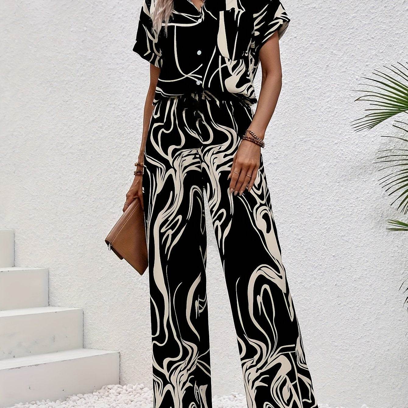 Women's Abstract Print Short Sleeve Shirt & Trousers Set - Casual Style - Buy Center