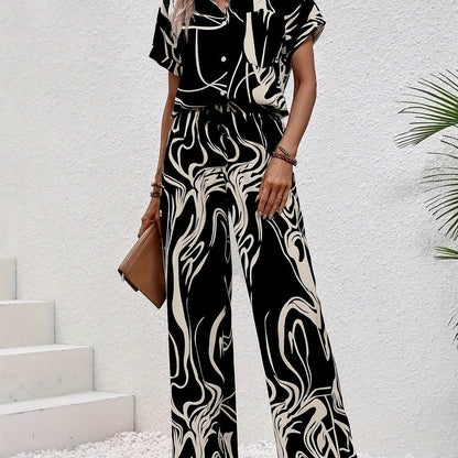 Women's Abstract Print Short Sleeve Shirt & Trousers Set - Casual Style - Buy Center