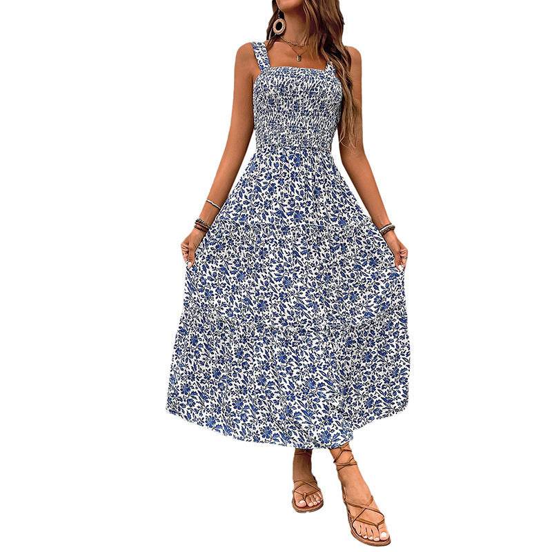 Buycenter Mid-Length Sleeveless Dress - Elegant Elastic Waist Floral Print - Buy Center