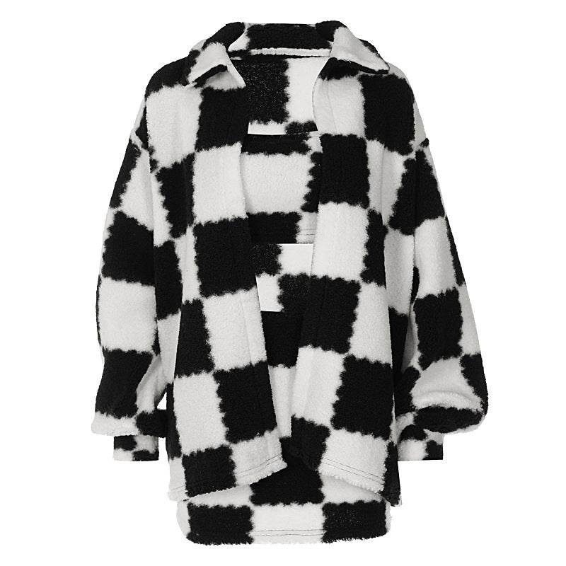 Buycenter Black & White Plaid Coat - Stylish Thickened Jumpsuit with Puffed Sleeves - Buy Center