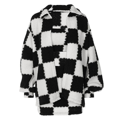 Buycenter Black & White Plaid Coat - Stylish Thickened Jumpsuit with Puffed Sleeves - Buy Center