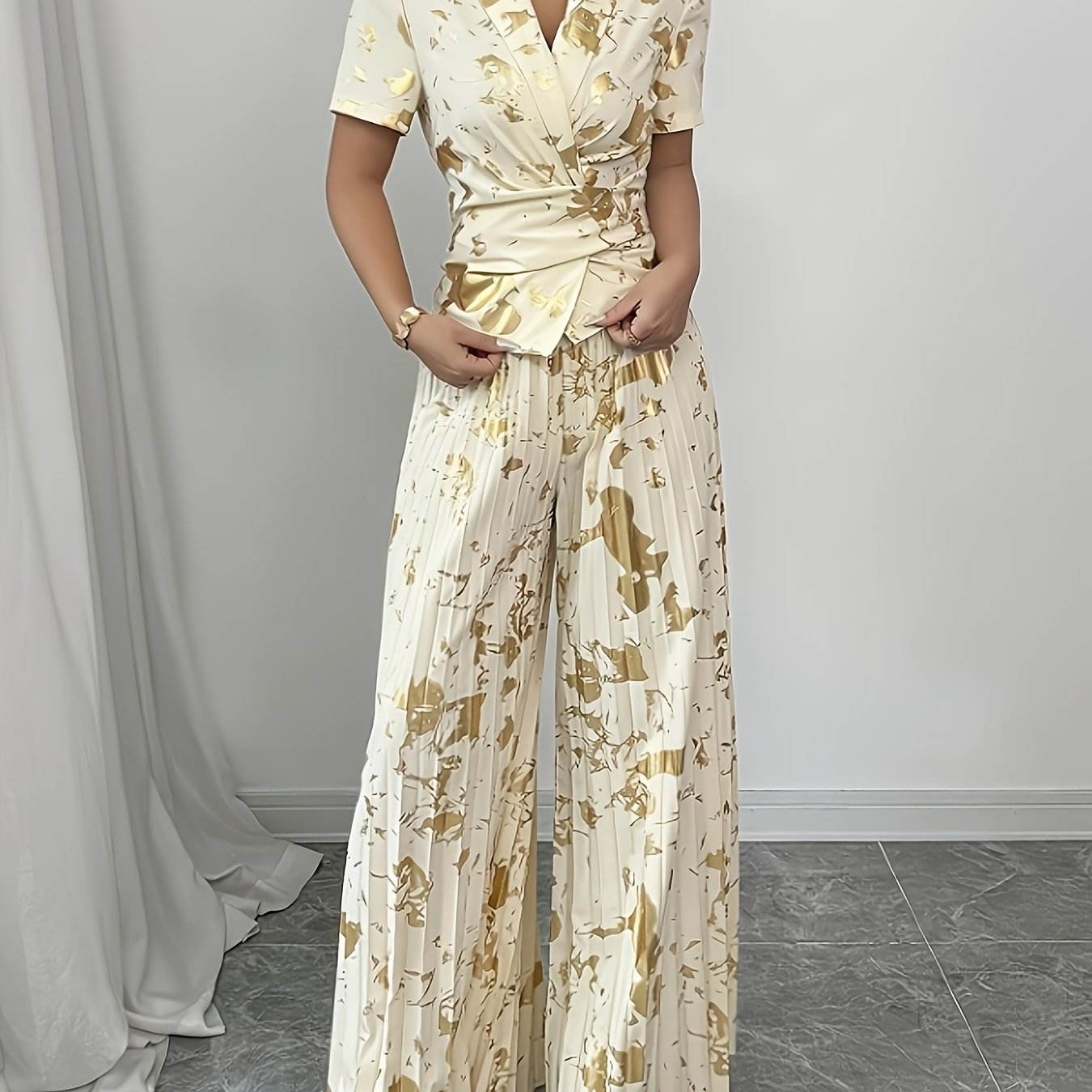 Elegant Golden-Print Two-Piece Set - Chic V-Neck Ruffle Blouse - Buy Center