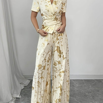 Elegant Golden-Print Two-Piece Set - Chic V-Neck Ruffle Blouse - Buy Center