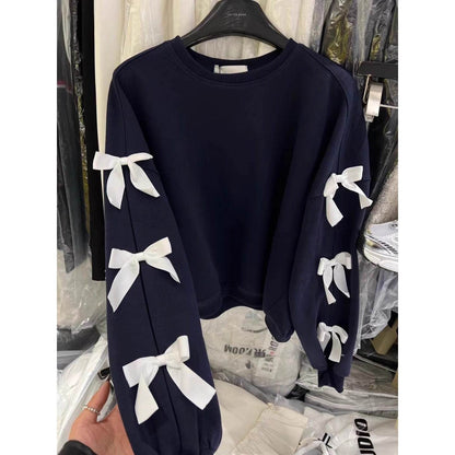 Trendy Women's Bow Round Neck Long-Sleeved Cotton Sweater - Chic Style - Buy Center