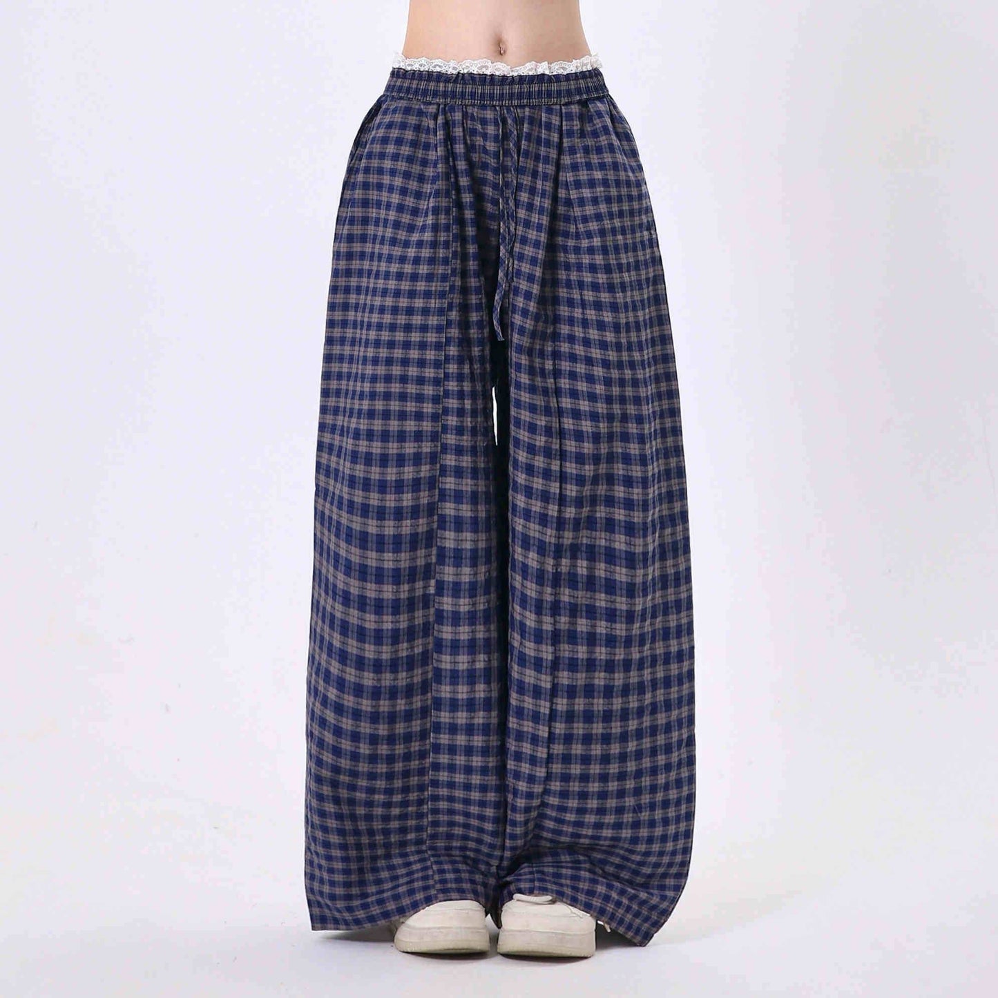 Women's Casual Wide Leg Pants - Lace Stitching Plaid Design in Blue & Yellow - Buy Center