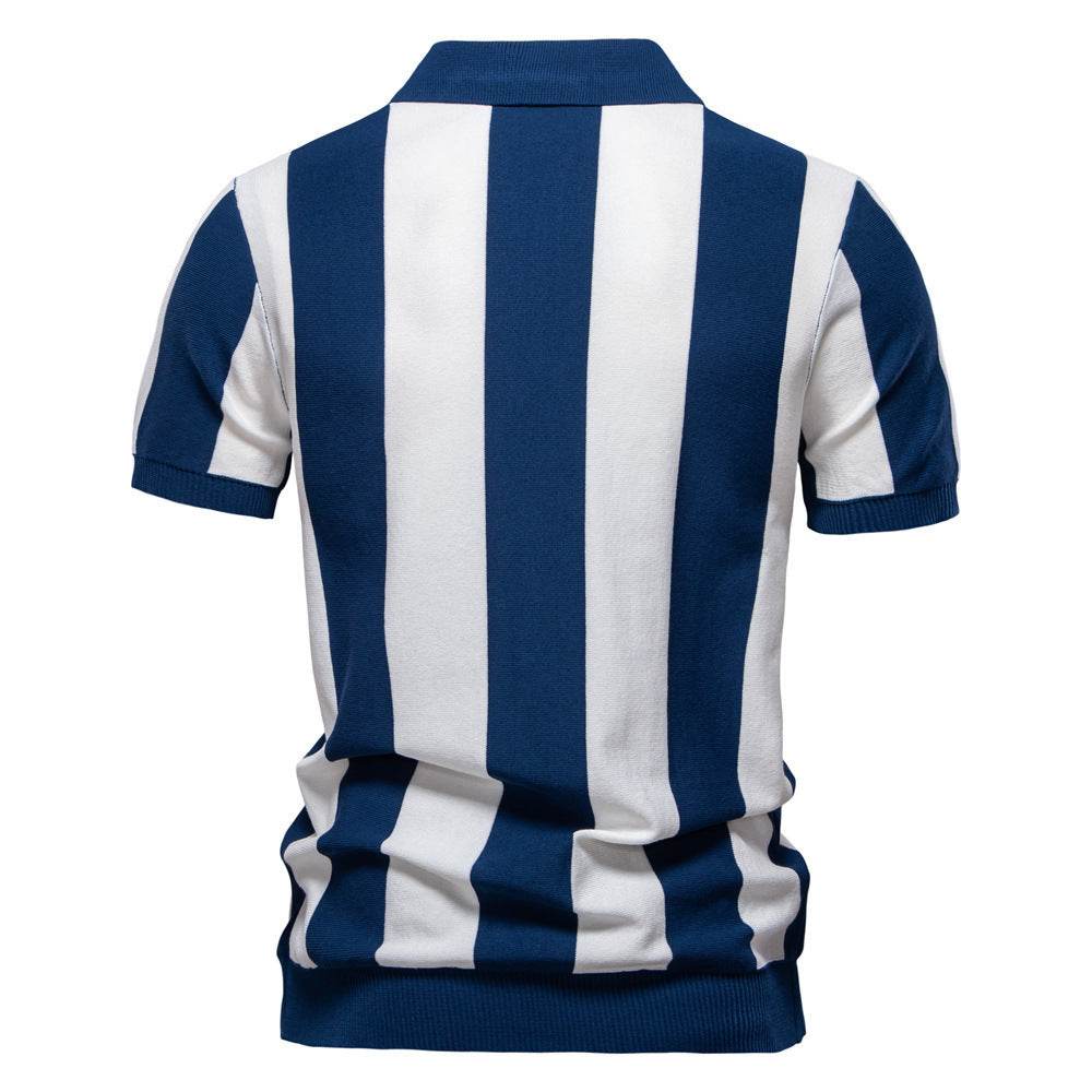 Men's Lapel Short-Sleeved Woolen Polo Shirt - Stylish Striped Design - Buy Center