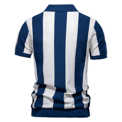 Men's Lapel Short-Sleeved Woolen Polo Shirt - Stylish Striped Design - Buy Center