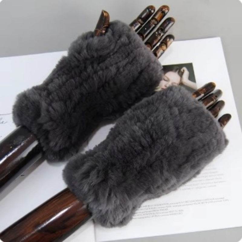 Sweet Warm Rex Rabbit Fur Gloves - Cozy Half Finger Design for Winter - Buy Center