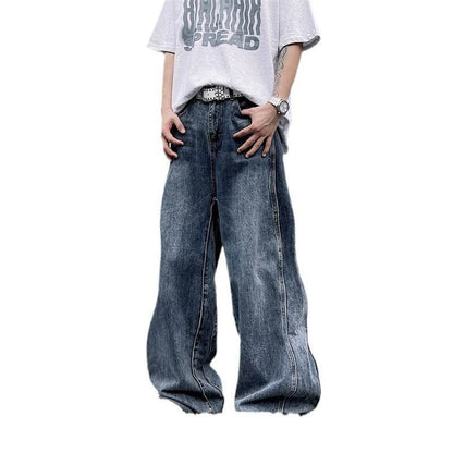 Men's Vintage Wash Wave Jeans - Stylish Blue Leisure Pants in Various Sizes - Buy Center