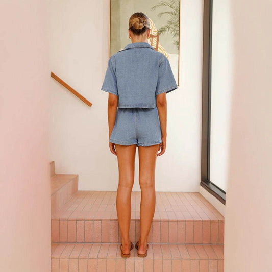 Women's V-Neck Denim Suit - Irregular Short Sleeve Top & Skirt Set - Buy Center