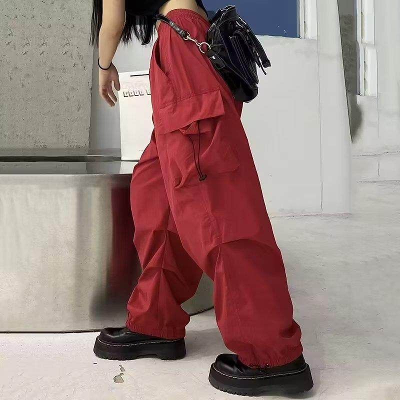 Casual High Waist Wide Leg Cargo Pants - Stylish in Red, Black, Gray - Buy Center