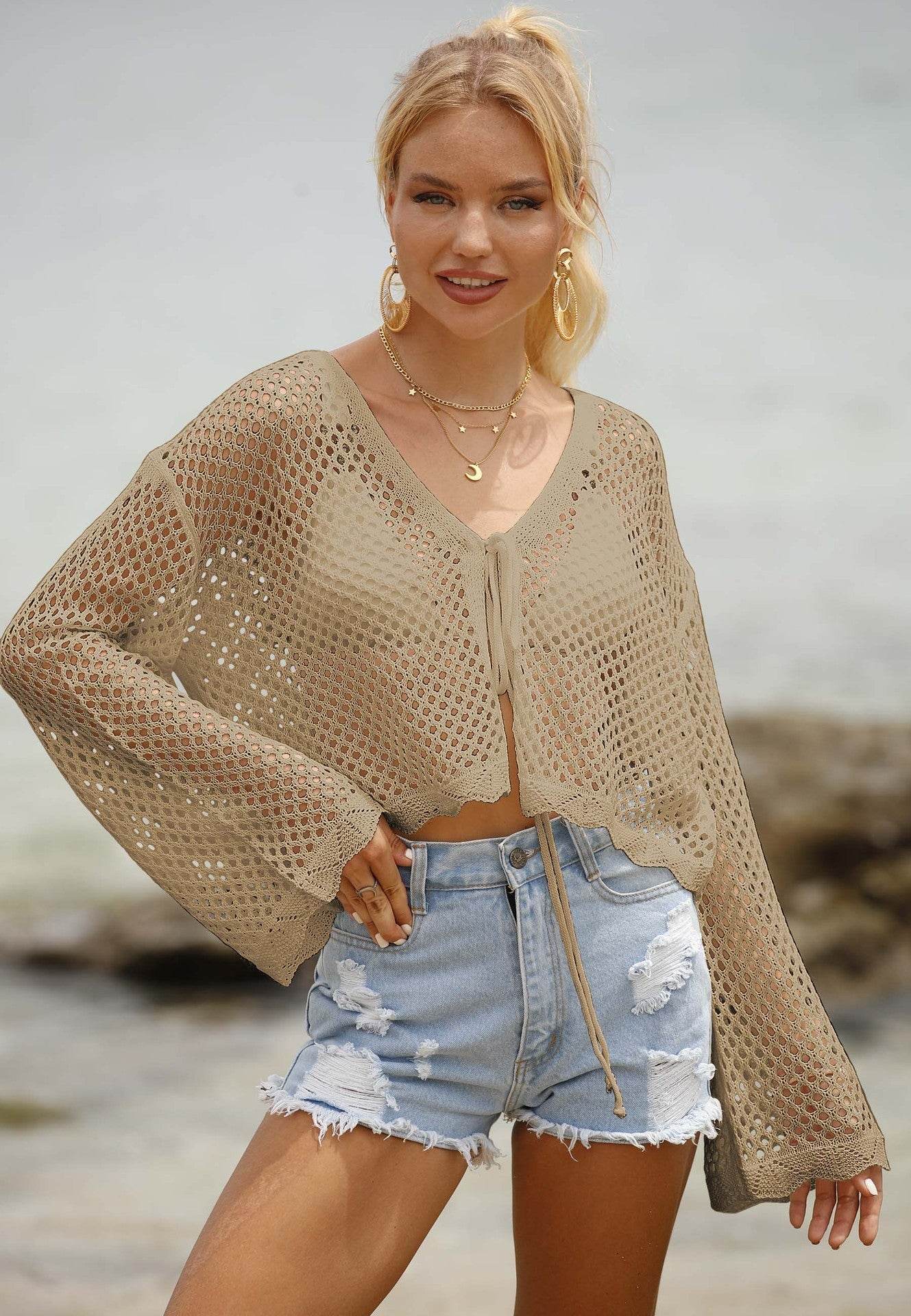 Buycenter Women's Lace-up Cardigan Blouse - Sun Protection, Long-sleeved - Buy Center