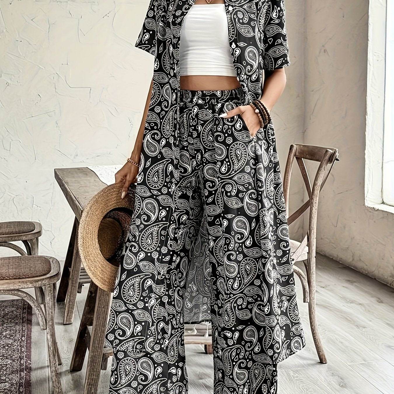 Women's Casual Two-Piece Set - Spring/Summer Paisley Blouse & Pants - Buy Center