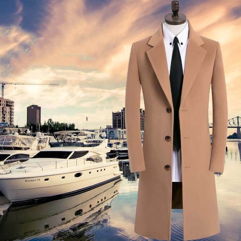 Buycenter Men's Woolen Trench Coat - Stylish Stand Collar, Multiple Colors - Buy Center