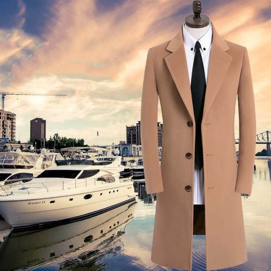 Buycenter Men's Woolen Trench Coat - Stylish Stand Collar, Multiple Colors - Buy Center