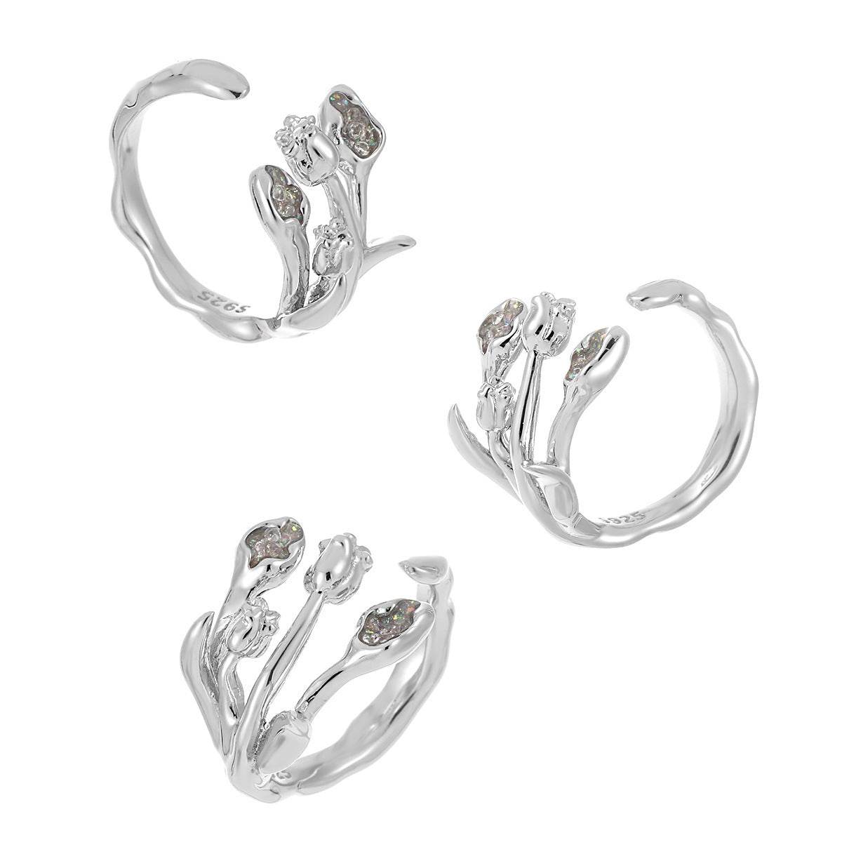 Diamond Studded Tulip Design Ring - Luxurious Adjustable Silver Jewelry - Buy Center