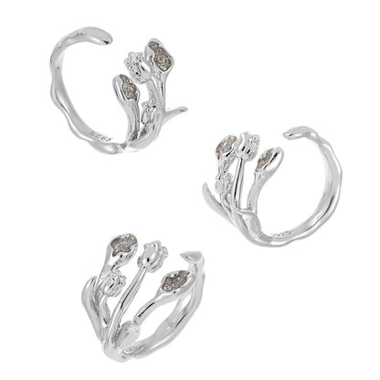 Diamond Studded Tulip Design Ring - Luxurious Adjustable Silver Jewelry - Buy Center