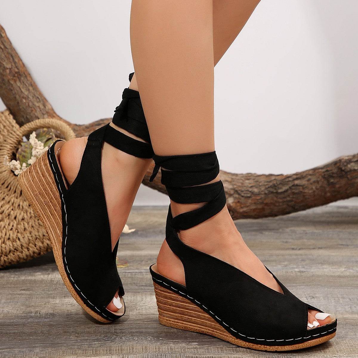Women's Peep Toe Fashion Sandals - Winding Tape Design in Black & Khaki - Buy Center