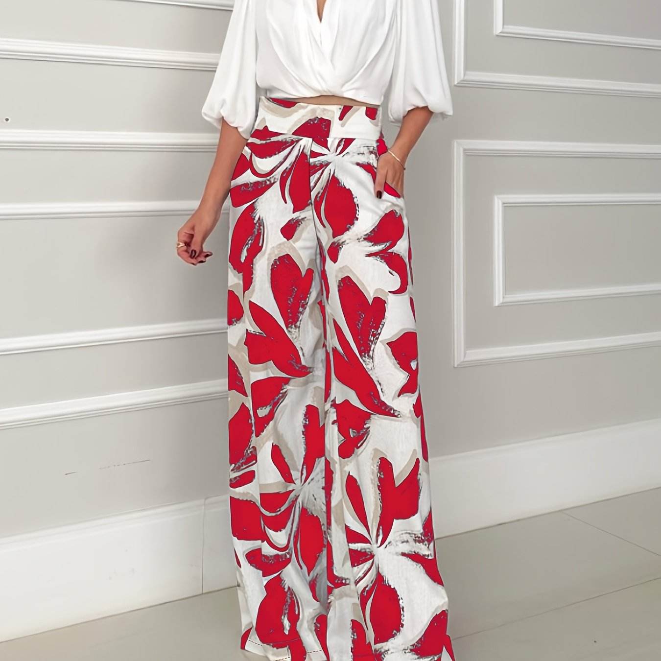 Women's Casual Floral Wide Leg Pants & Off-Shoulder Shirt Set - Buy Center