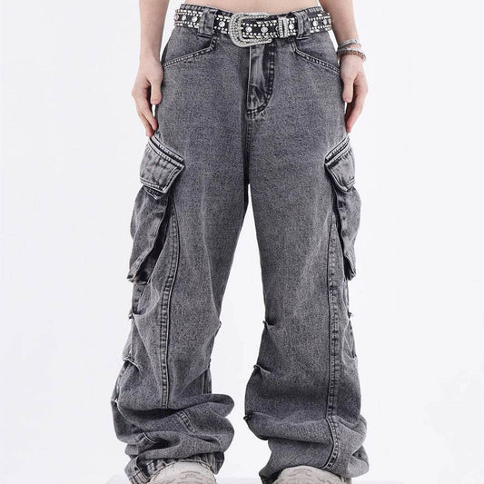 Men's Wide Leg Straight Jeans - Retro Mid Waist in Gray Cotton - Buy Center