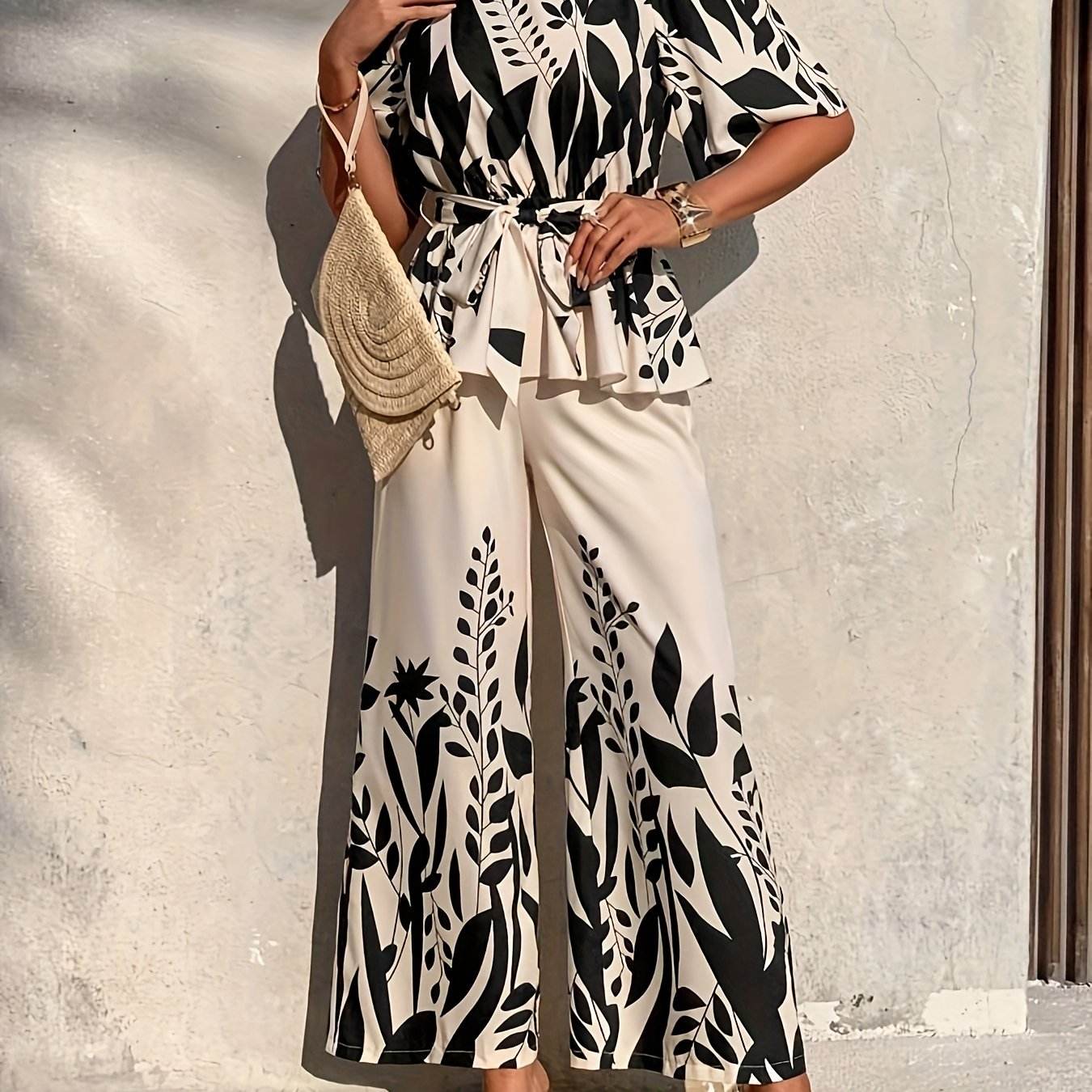 Elegant Floral Print Women's Pants Set - Short Sleeve, Wide Leg - Buy Center