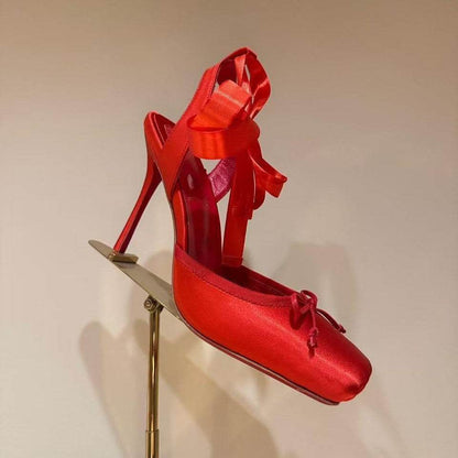 Buycenter Women's Trendy Leather Sole High Heels - Satin Ribbon Toe Cap - Buy Center