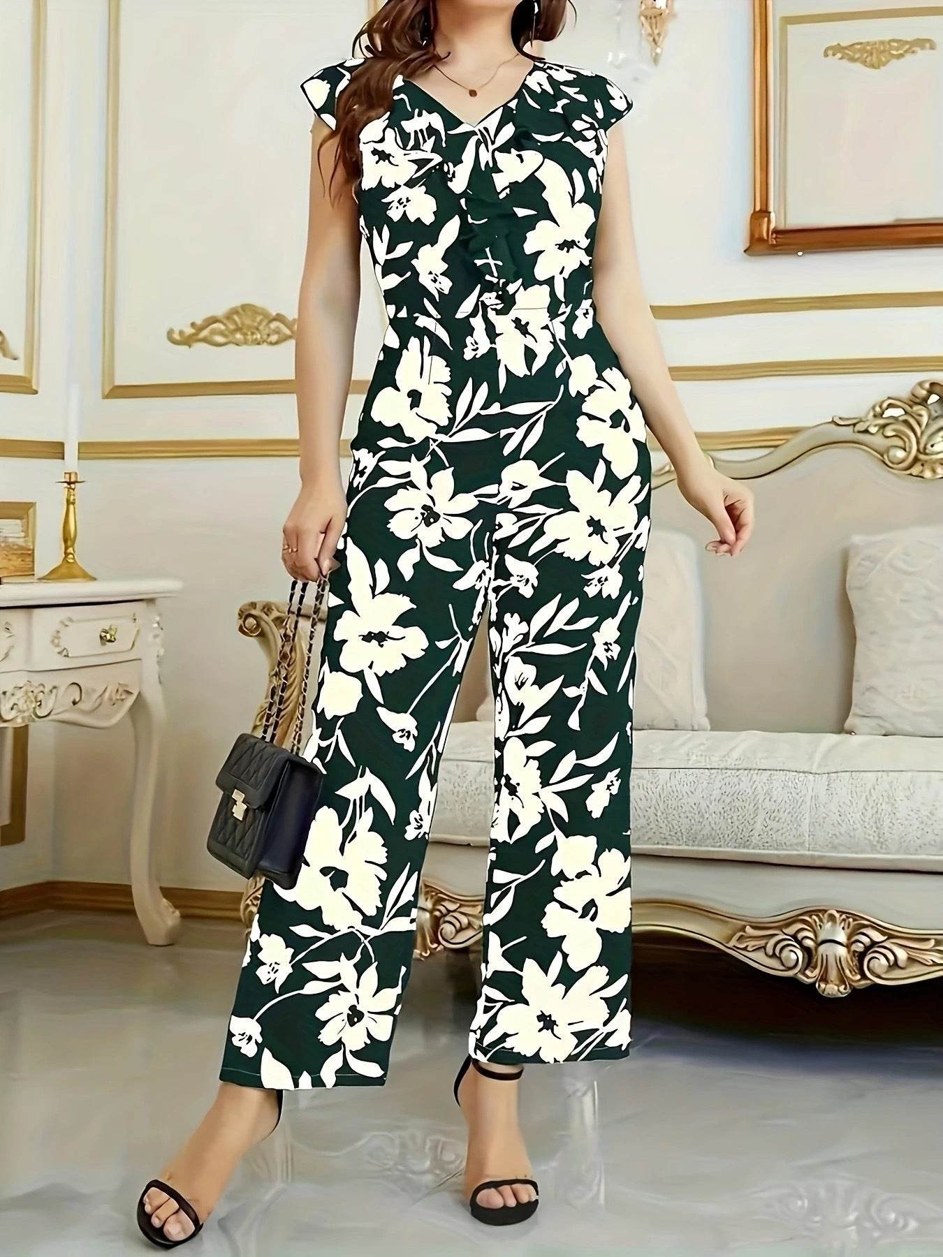 Women's Floral Printed Jumpsuit - Sleeveless V-Neck with Pockets - Buy Center