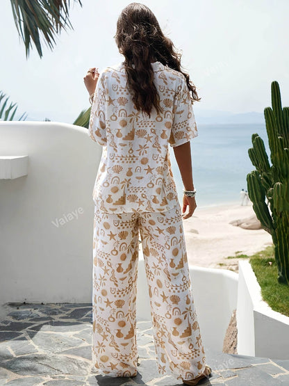 Women's Floral Print Blouse and Wide Leg Pants Set - Casual Chic Outfit - Buy Center