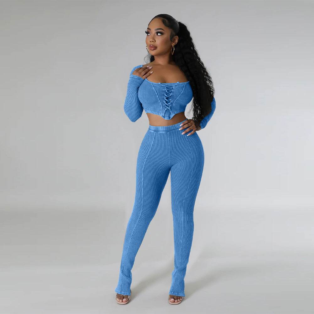 Buycenter Square Collar Skinny Pencil Pants - Stylish Two-Piece Suit - Buy Center