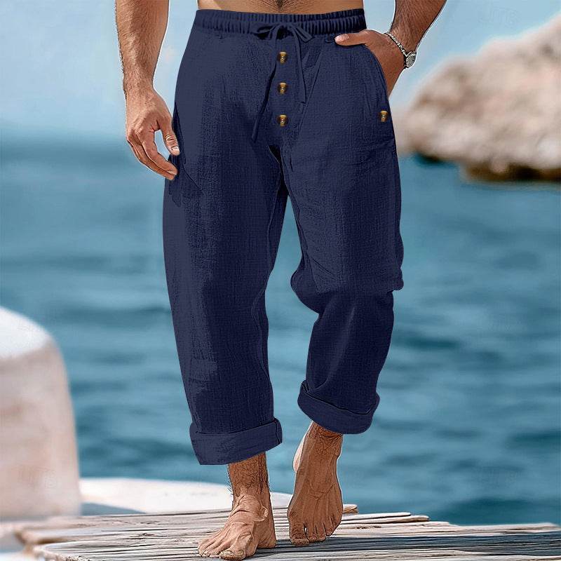 Buycenter Solid Color Cotton Linen Beach Pants - Casual Loose Fit Trousers - Buy Center
