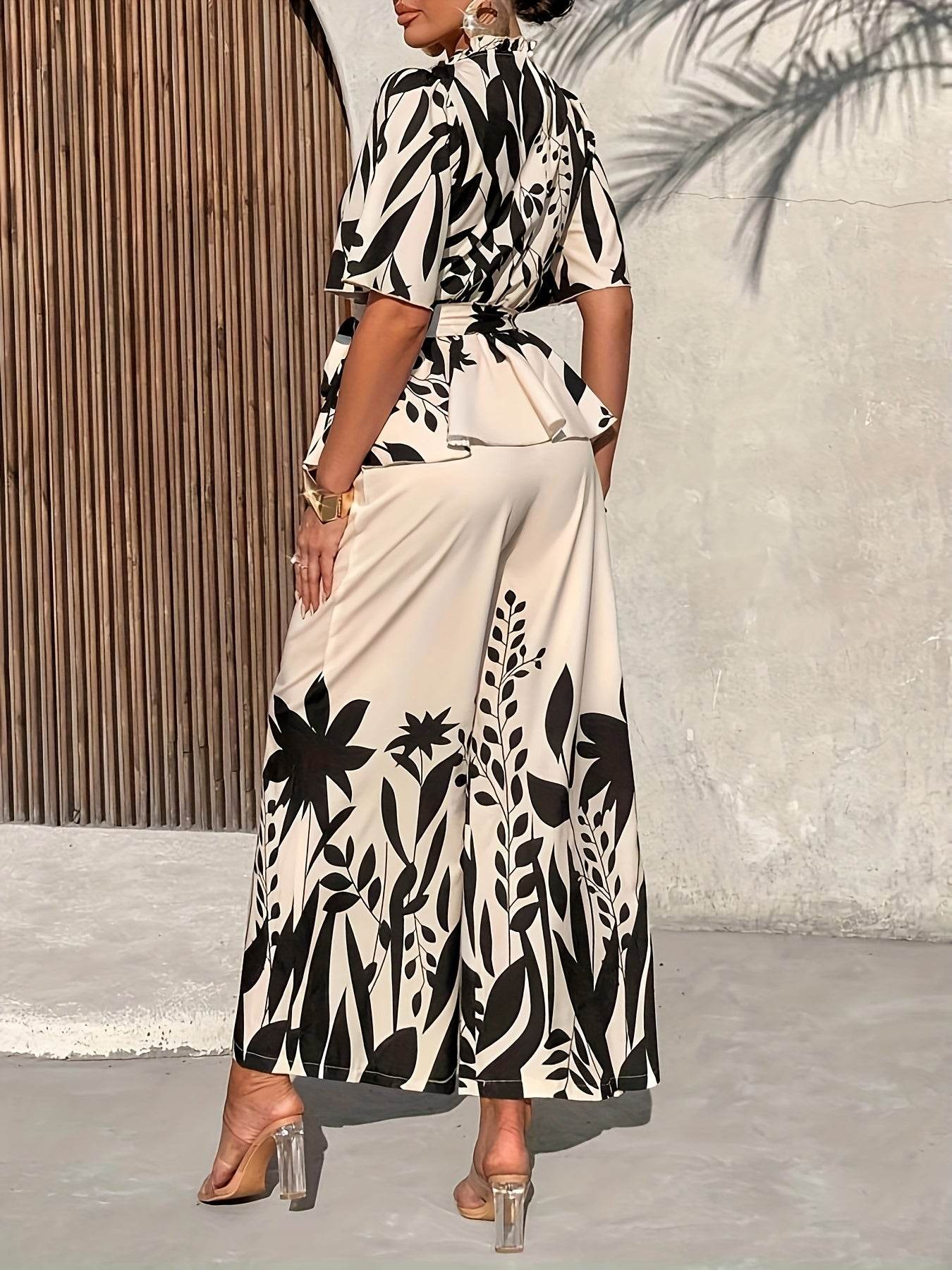 Elegant Floral Print Women's Pants Set - Short Sleeve, Wide Leg - Buy Center