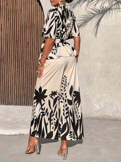 Elegant Floral Print Women's Pants Set - Short Sleeve, Wide Leg - Buy Center