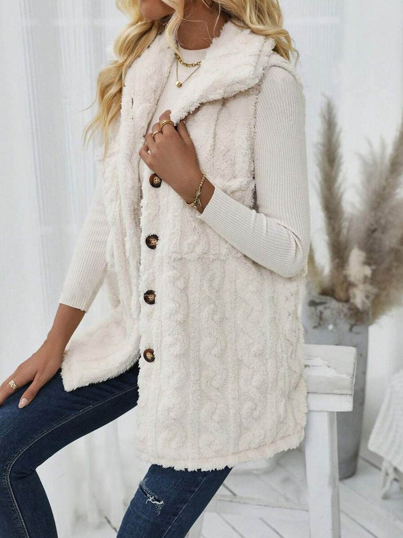 Double-Sided Plush Pocket Cardigan Vest - Trendy Women's Casual Jacket - Buy Center
