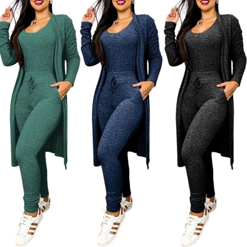 Buycenter Women's Casual Jumpsuit & Cardigan Set - High Waist & Pockets - Buy Center