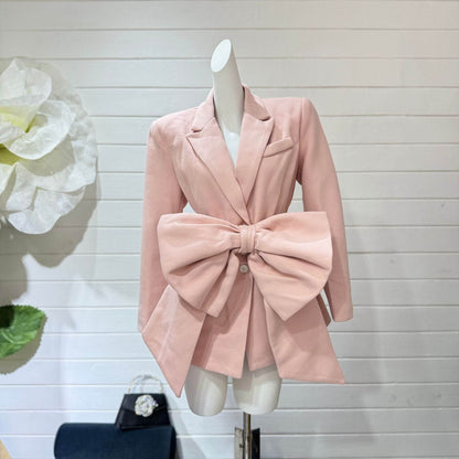 Women’s Patchwork Bow Jacket - Stylish Notched Collar, Long Sleeve - Buy Center