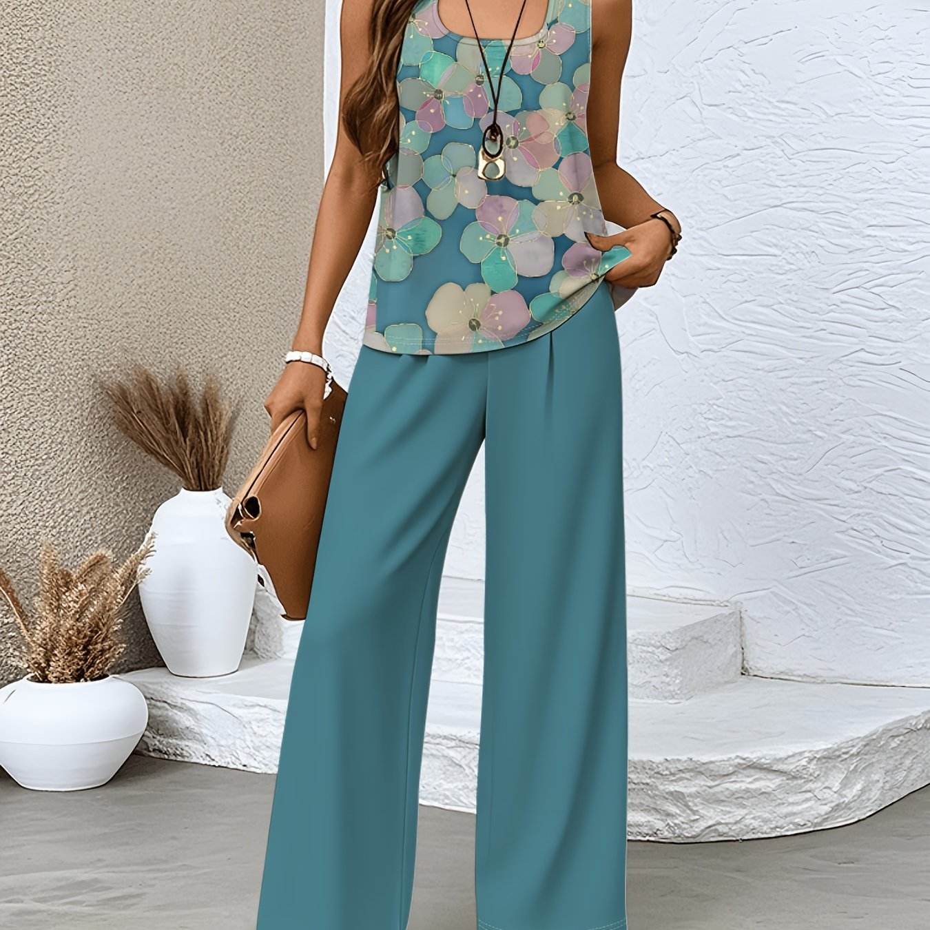 Women's Elegant Floral Printed Set - Square Neck Vest & Wide-Leg Pants - Buy Center